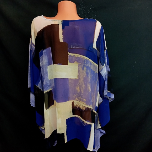 26/28 Plus Size Lane bryant blue black abstract sheer see through batwing top - Picture 4 of 10